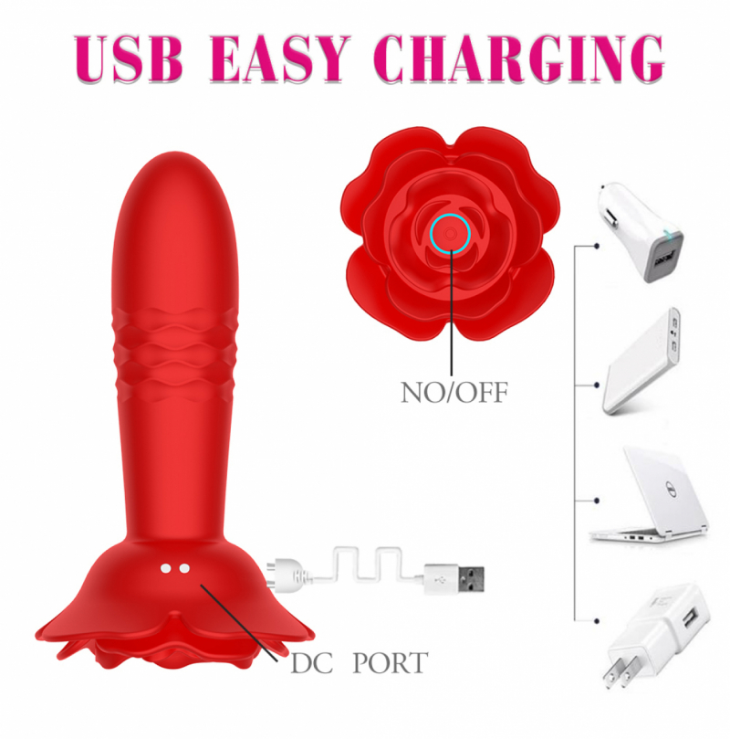 Пробка с вибрацией и возвратно-поступательными движениями "Rose Anal Plug" на дистанционном управлении, красная 